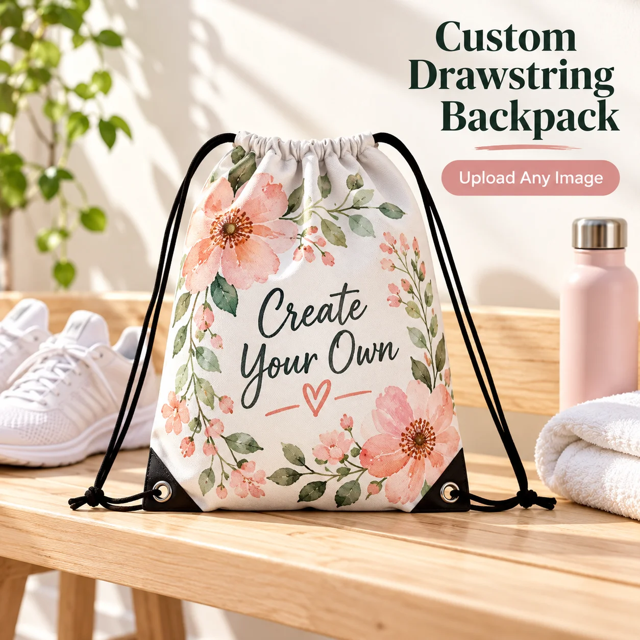 Custom Drawstring Backpack with Reinforced Corner, Personalized Any Image Print Sack Bag for Sports Travel Gym