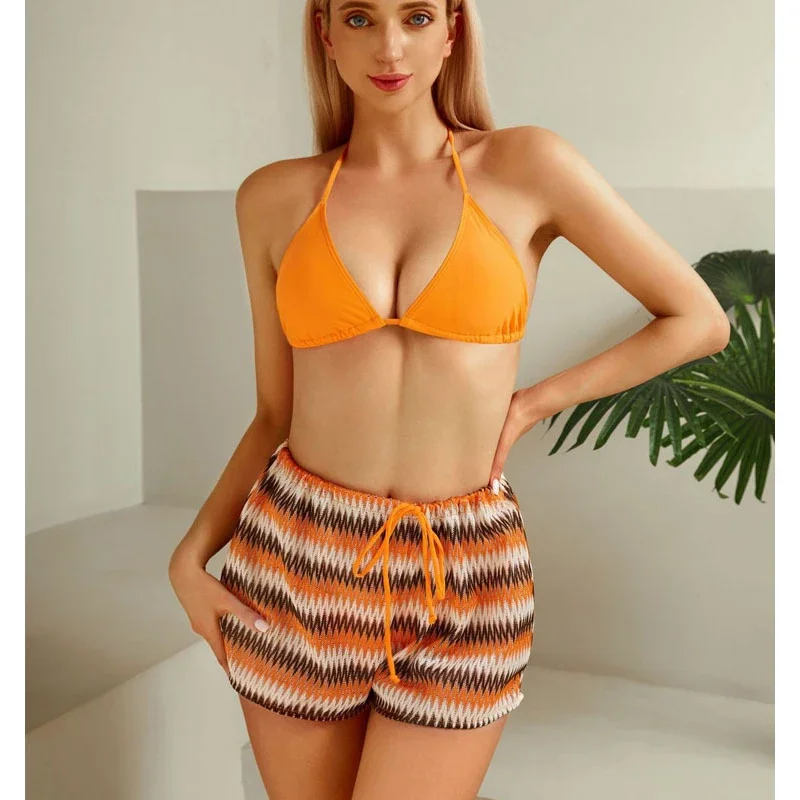 New Sexy Hanging Neck Flat Corner Pants Sporty Split Swimsuit Womens Bikini Three Piece Set