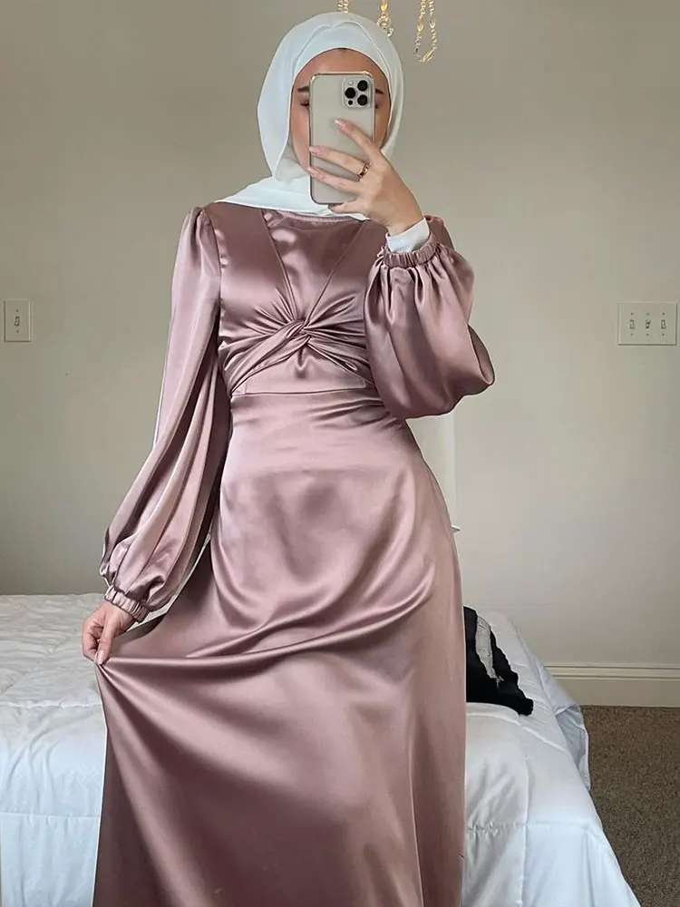 Vestido largo musulmán de satén Abaya para mujer, elegante Hijab envolvente frontal con cinturón, vestidos modestos para fiesta árabe Islam Turquía