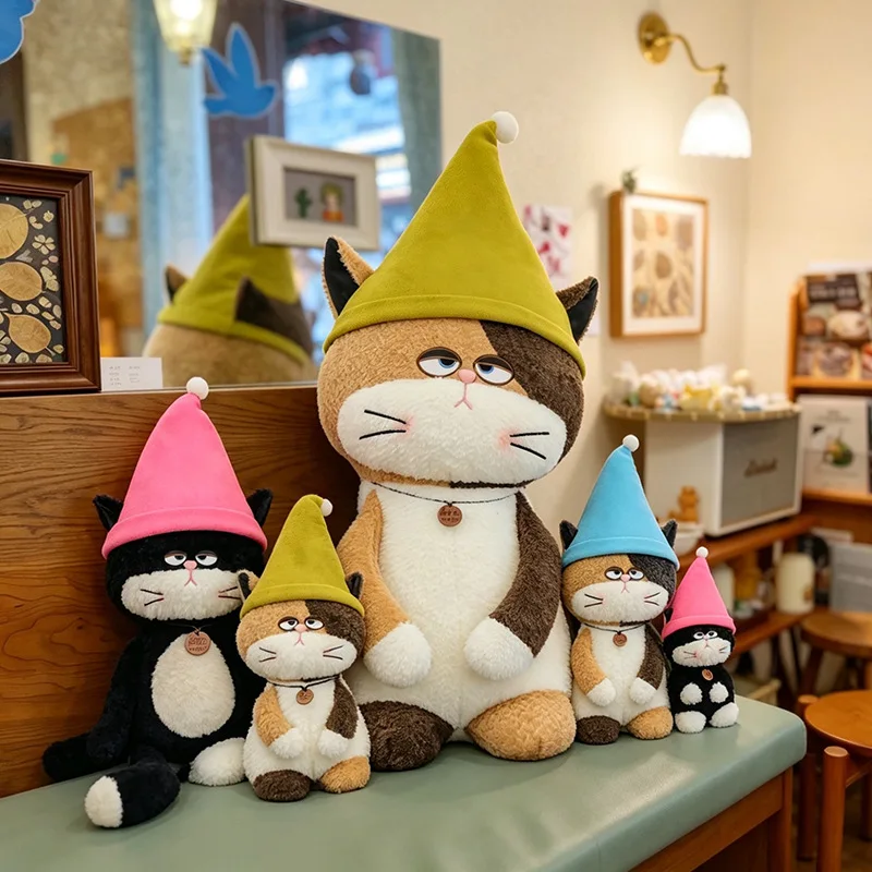 Cute Lazy Expression Cat Plush Doll with Pointed Gnome Hat Black Tri-color Cat Stuffed Toy Multiple Sizes Kawaii Home Decor Gift