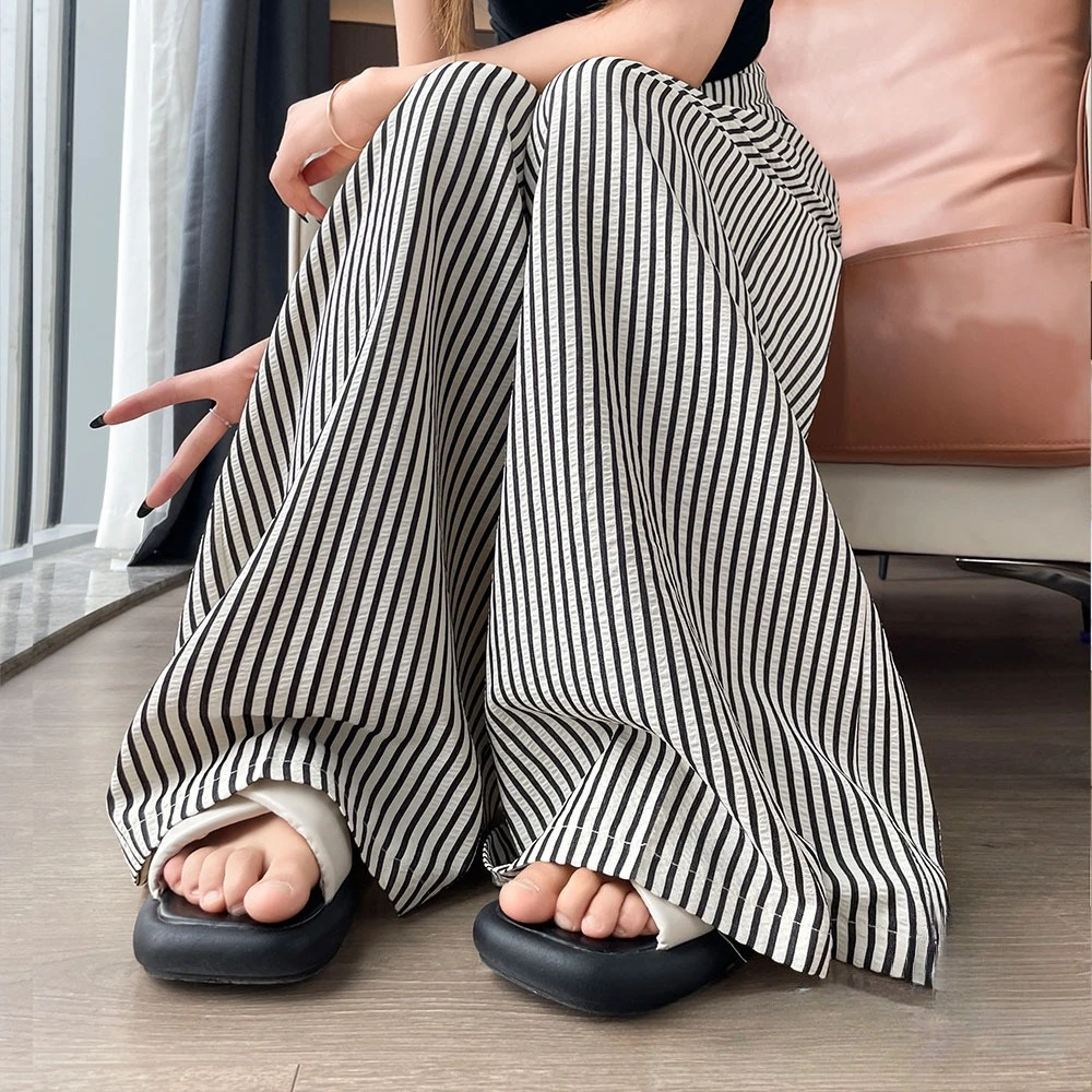 2025 neue Vintage Gestreifte Baumwolle und Leinen Hohe Taille frauen Breite Bein Hosen Taste Gerade Lose Volle Länge Hosen weibliche