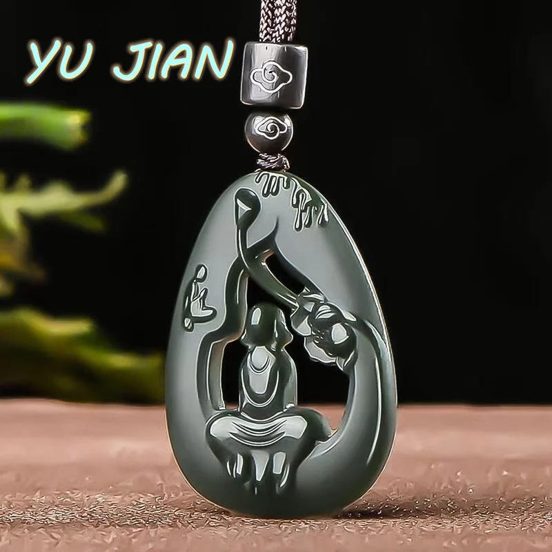 

Brand New Hetian Sapphire Carved Hollow Pendant Authentic Natural Jade Necklace Men And Women With Chain Exquisite Jewelry