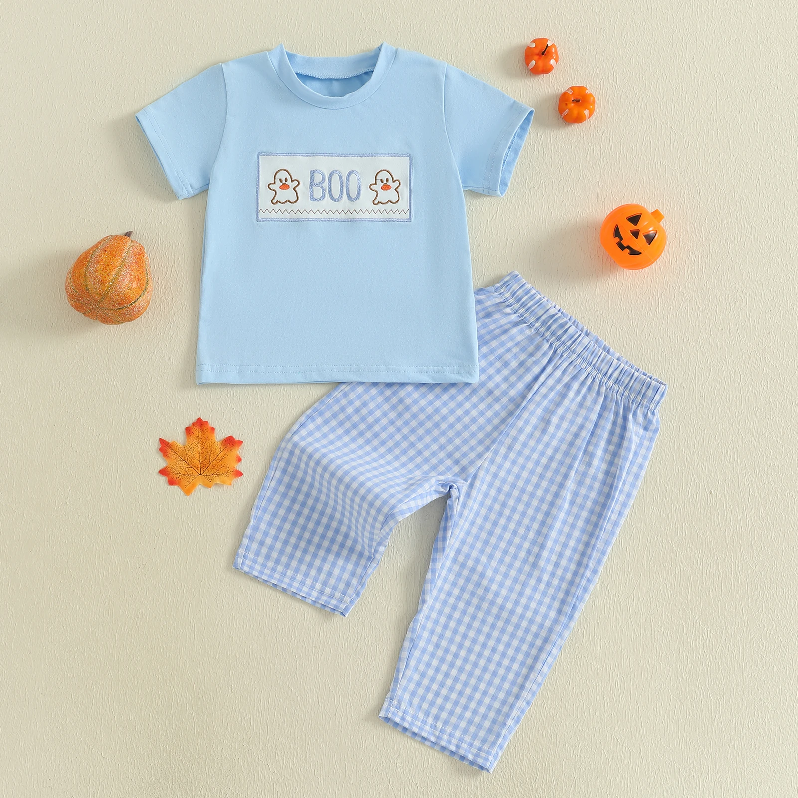 

Baby Pants Set Cute Ghost Embroidery Short Sleeve T-Shirt and Pants Toddler 2 Piece Outfits