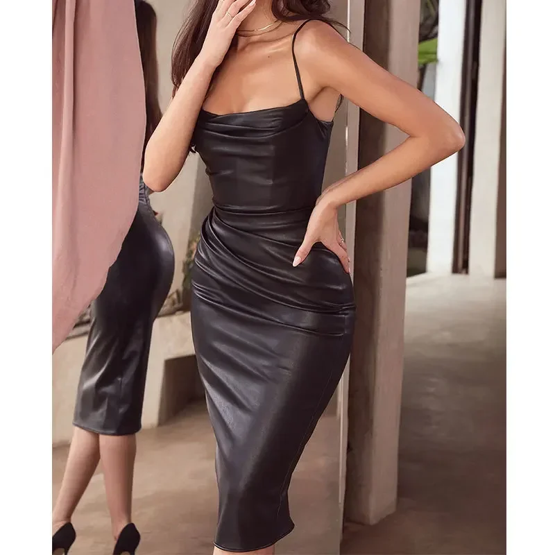 Trend Sexy Party PU Dress Women Black Nightclub Sexy PU Leather Pleated Dress Solid Color Bodycon Suspender Sheath Midi Dress