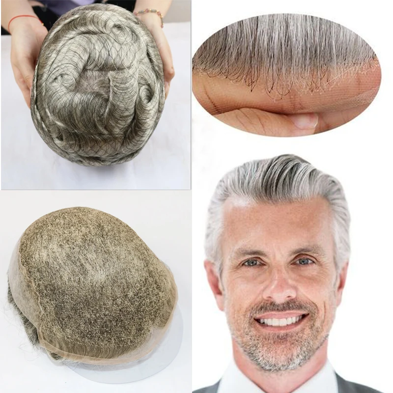 Breathable #1B80 Grey Man Human Hair Toupee Invisible Ultra Thin Swiss Lace&PU Base Men Toupee Natural Hairline Hair Prosthesis