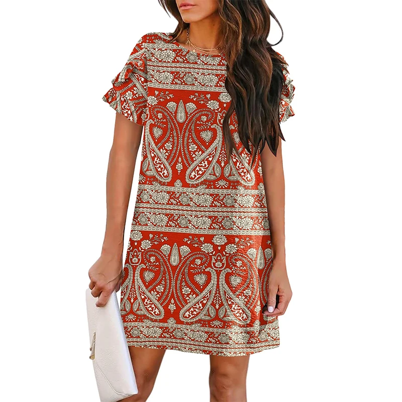 ชุดเดรสยาวสไตล์โบฮีเมียนลำลอง แขนระบาย ลายดอกไม้สดใส มีกระเป๋า ทรงหลวม ใส่สบาย เหมาะสำหรับฤดูร้อนและชายหาด