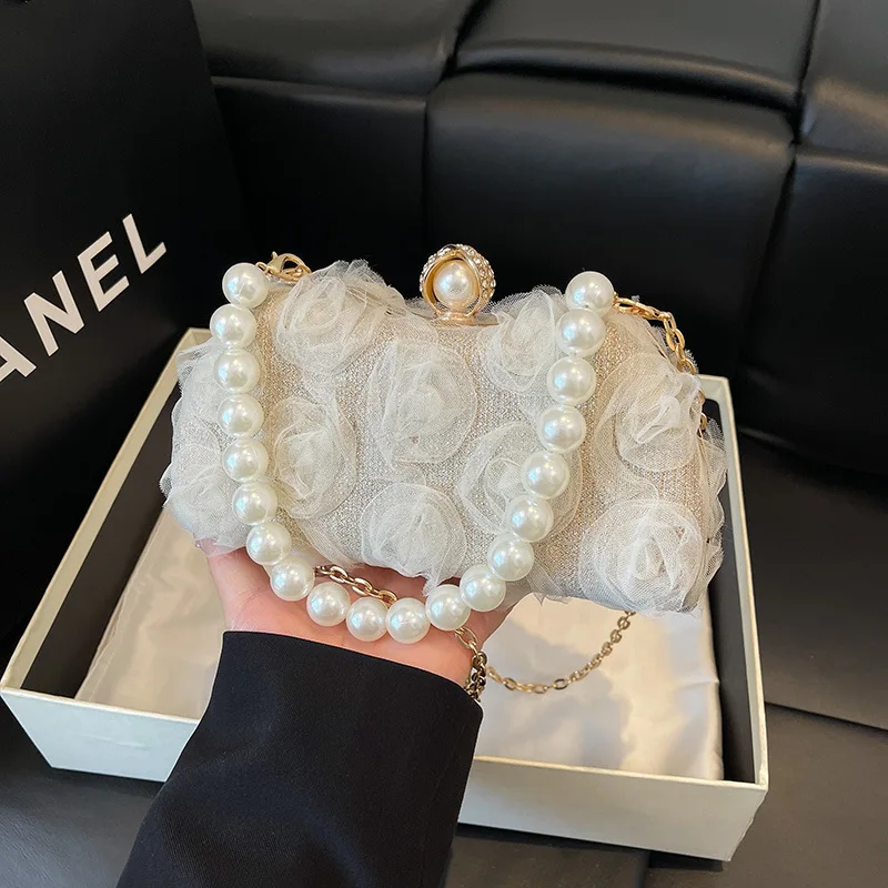 

New! Women's Sweet Chiffon Flower Evening Box Bag - Pearl Chain Lock Shoulder/Crossbody/Handbag