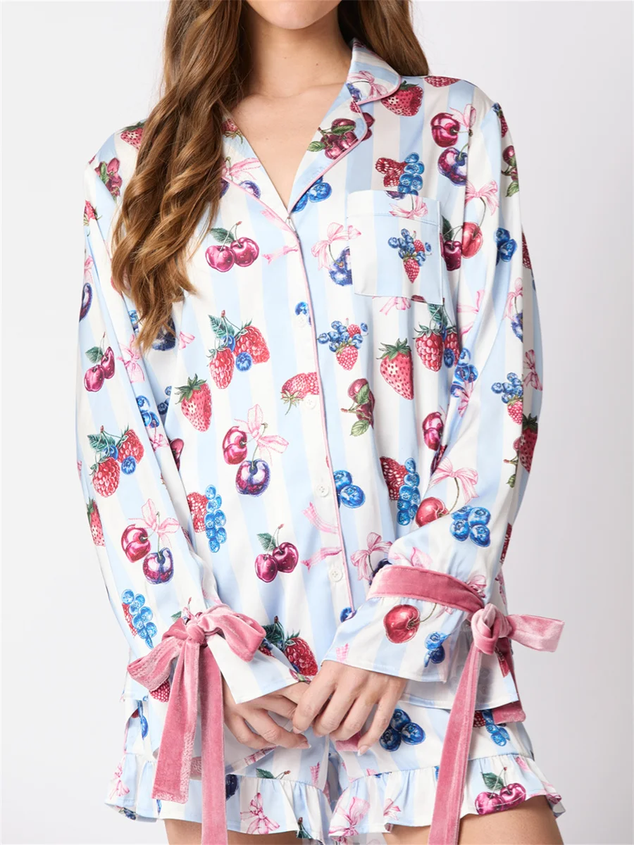 2025 New Women 2 Piece Christmas Pajamas Set Bow Tie Long Sleeve Button Shirt Ruffle Shorts Colorful Print Pjs Sets Sleepwear