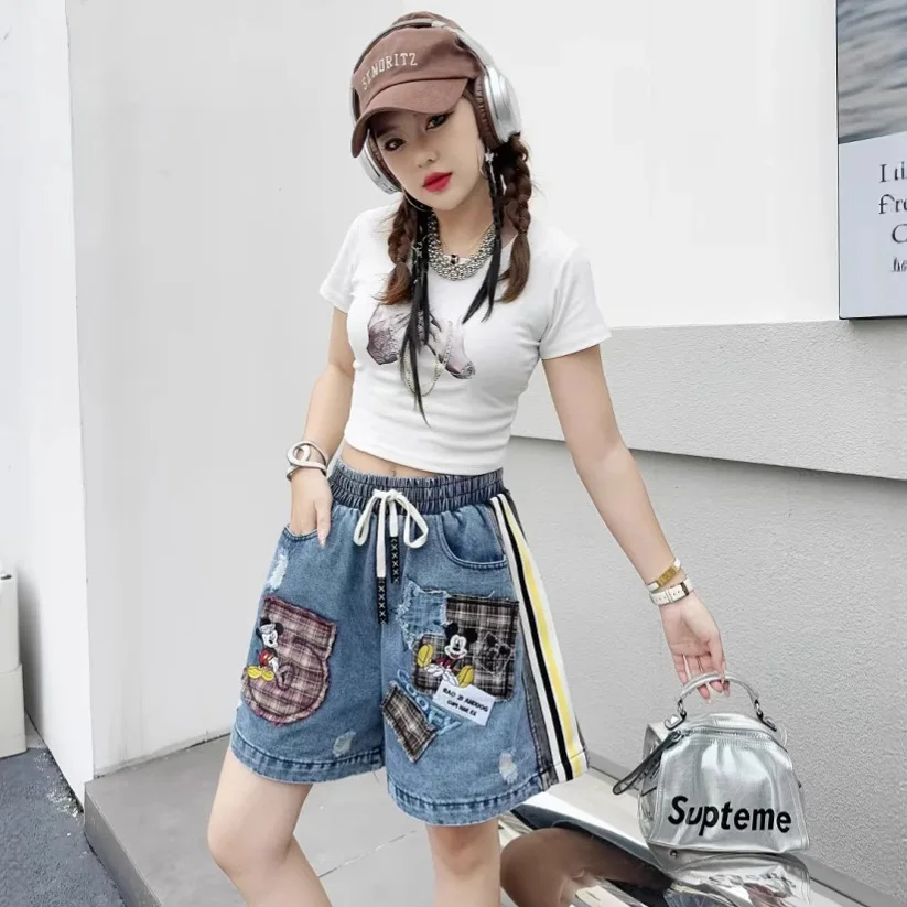 Summer New Korean Style Loose Versatile Cartoon Print Denim Shorts Women Hot Pants Ins Trend Elastic Waist Blue Denim Shorts