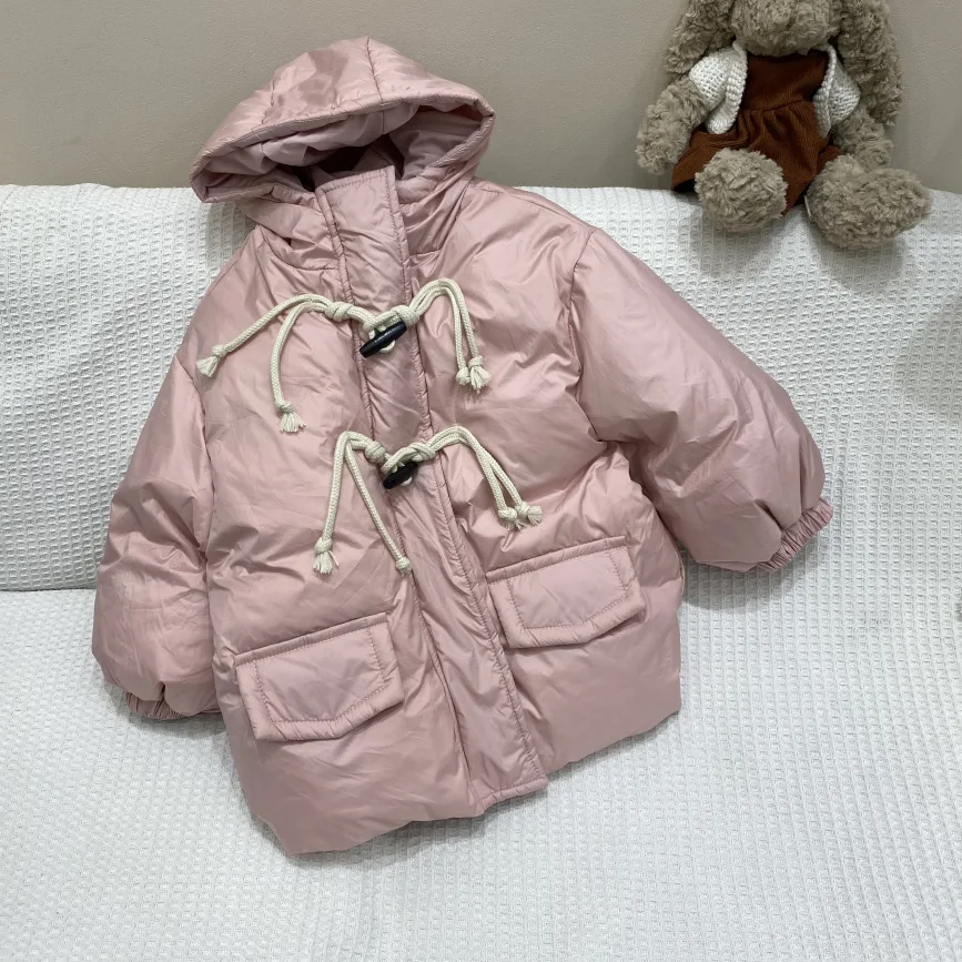 

Kids Girls Winter Pufer Jackets Solid Hooded Horn Buckle Long White Duck Down Coats 2-6Y Children Versatile Outerwears