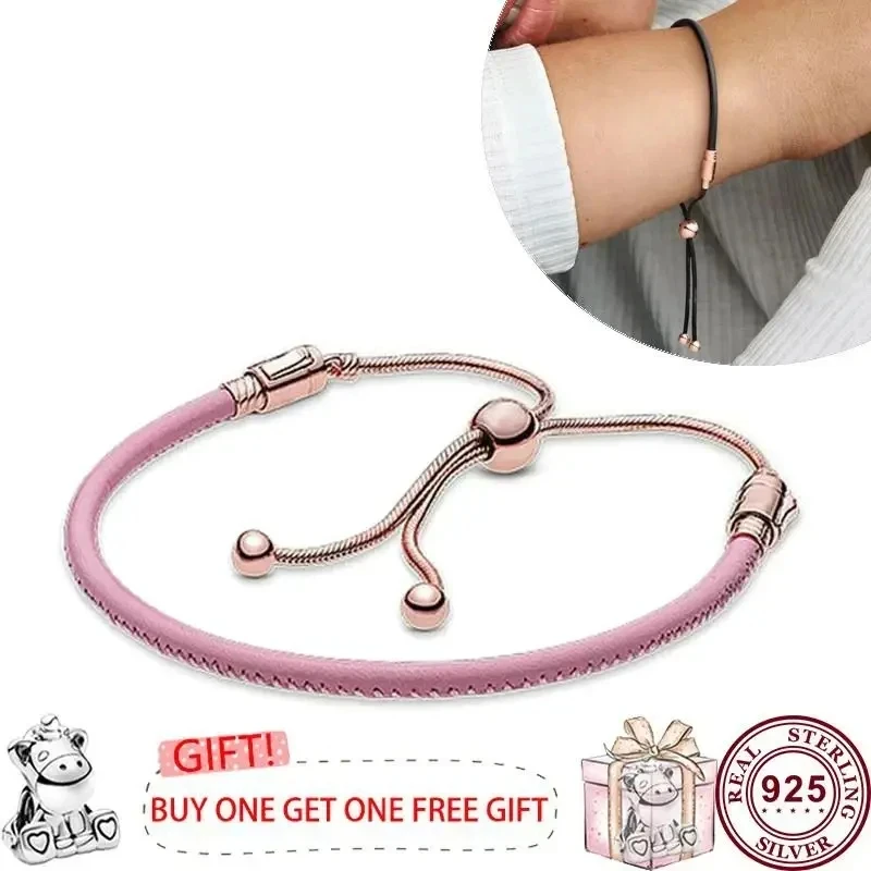 New Hot Selling S925 Sterling Silver Stretchable Leather Rope Woven Original Women's Logo Sliding Bracelet Fashion DIY Jewelry
