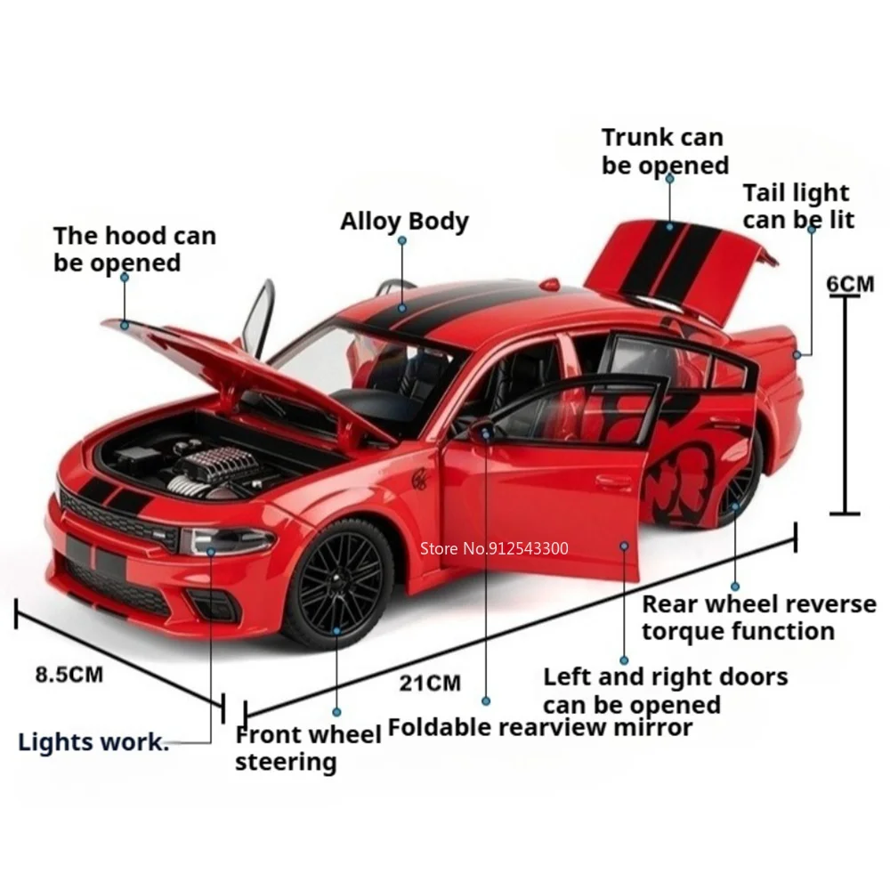 1:24 Charger Srt Hellcat Sports Car Model Toy Music Light Pull Back Vehicles Wheel Steering Shock Absorption Models for Boy Gift