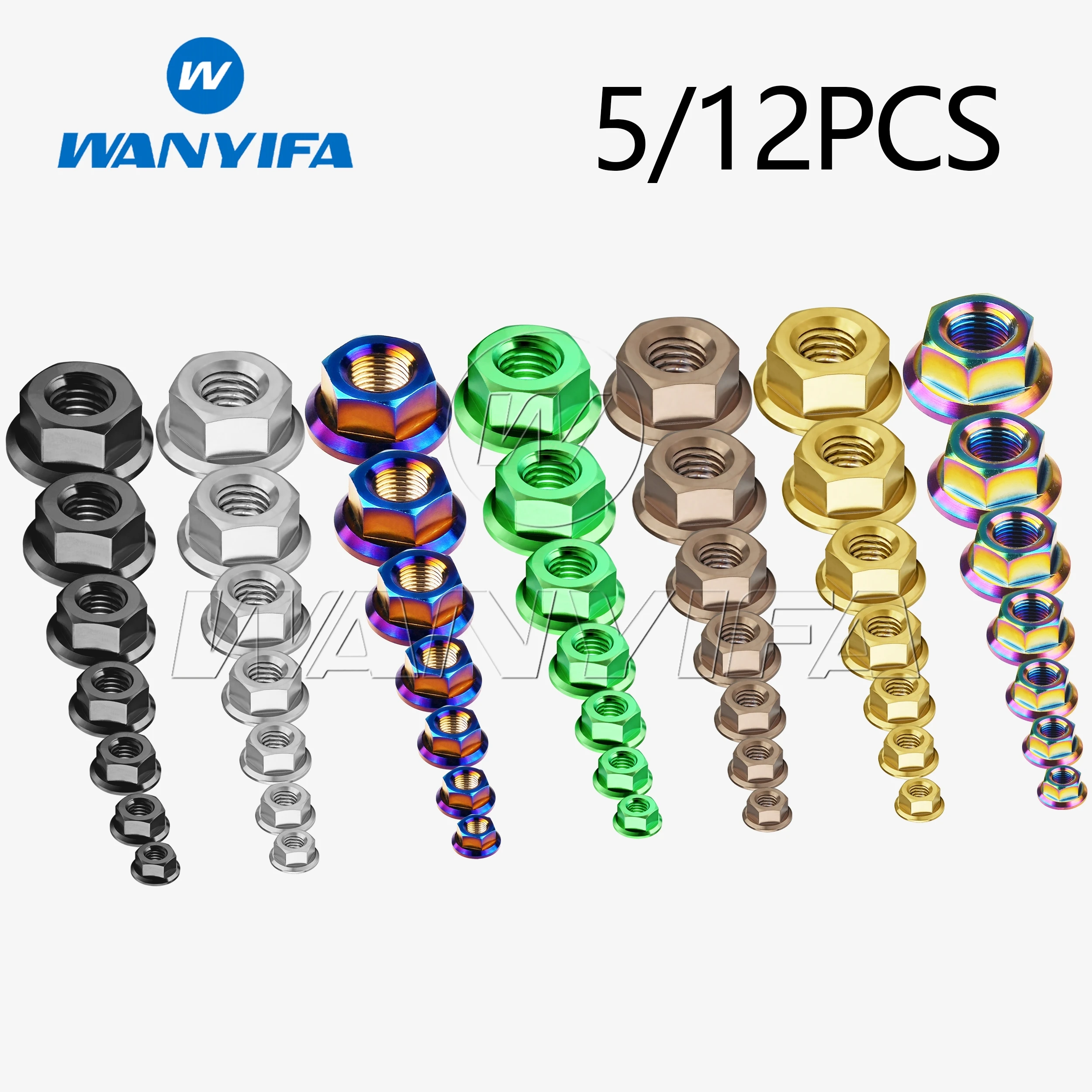 Wanyifa Titanium Nut M5-M16x 0.8/1.0/1.25/1.5mm Pitch Sprocket Flange Nut for Honda Suzuki Yamaha Bluing Gold Rainbow 5/12pcs