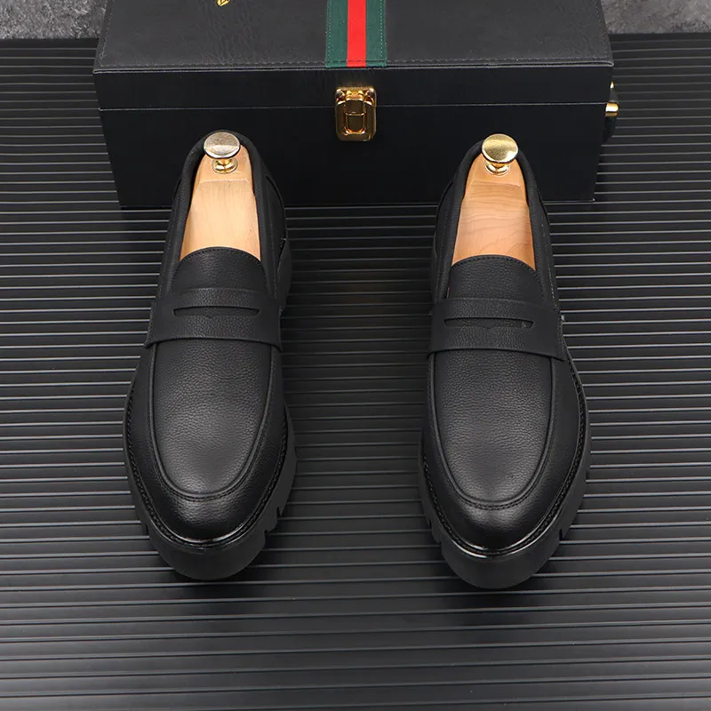 men casual genuine leather shoes slip-on driving shoe business wedding formal dress black trendy platform loafers mans footwear