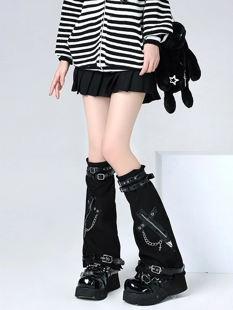 

Y2k Leg Cover Cross Chain Leather Buckle Leg Cover Female Hottie Personality Dark Punk Belt Stacking Jk Subculture Socks Cover