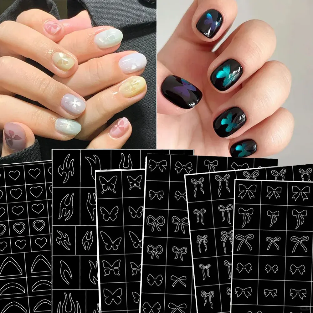 1pcs Airbrush Nail Stencils Stickers Heart Butterfly Bow Flame Star Nail Decals Paper French Nail Guides Slider Manicure Decora