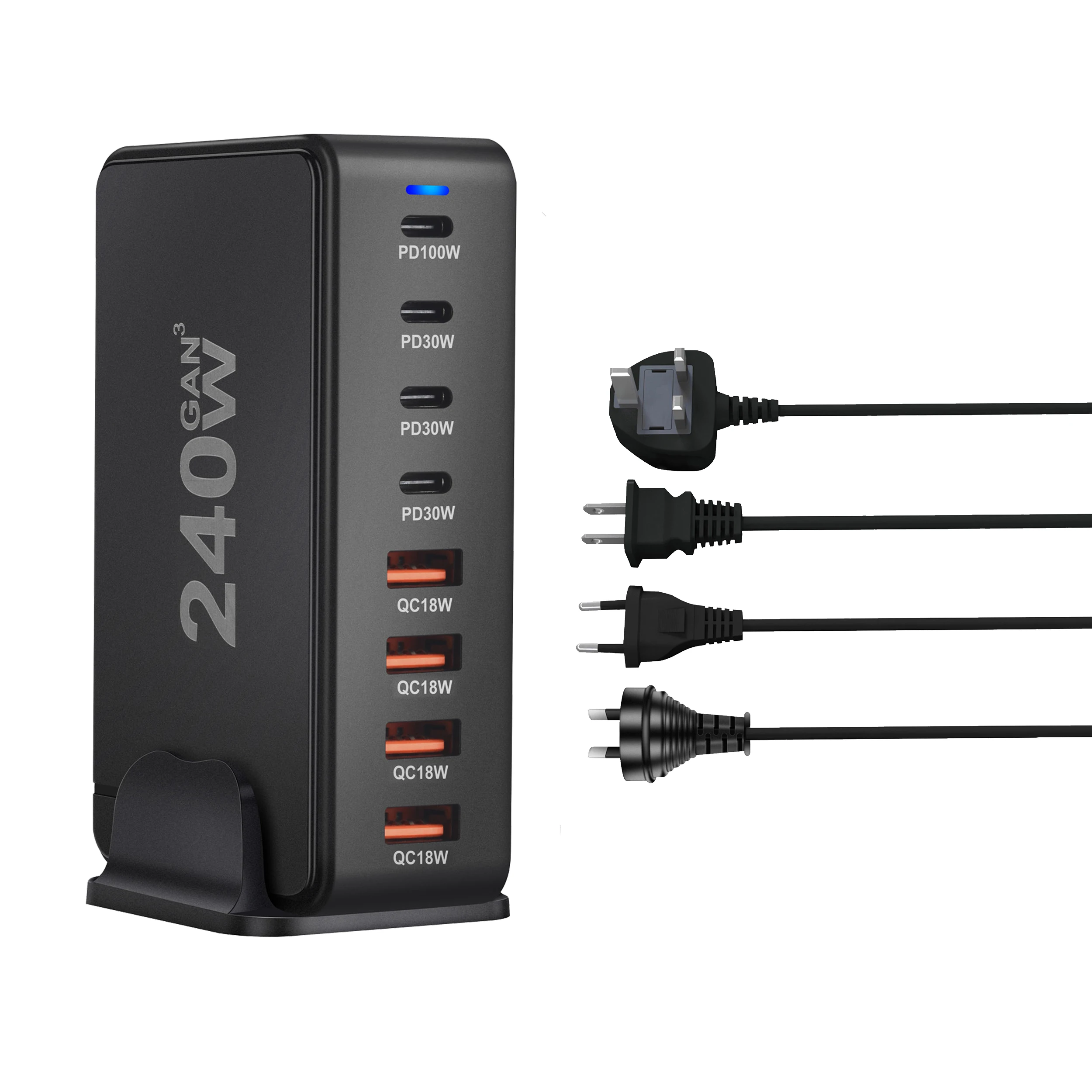 شاحن سطح المكتب GaN بقدرة 240 وات مع 8 منافذ USB-C، يدعم الشحن السريع PD 3.0 وهو مدمج ومحمول