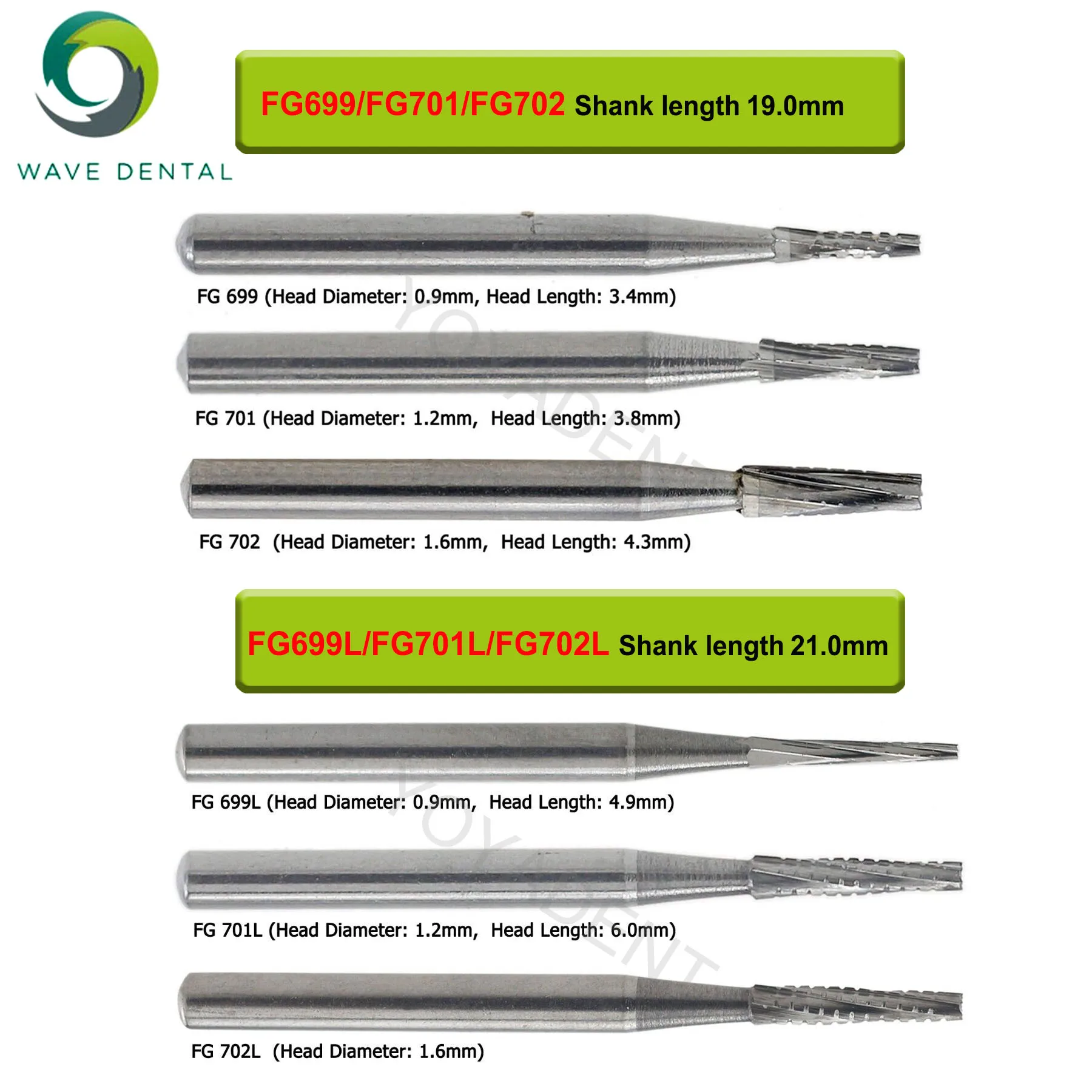 WAVE Dental Burs Tungsten Carbide Burs Tapered Fissure Cross Cut Head FG 699-702L For High Speed Turbine Shank Diameter 1.6mm