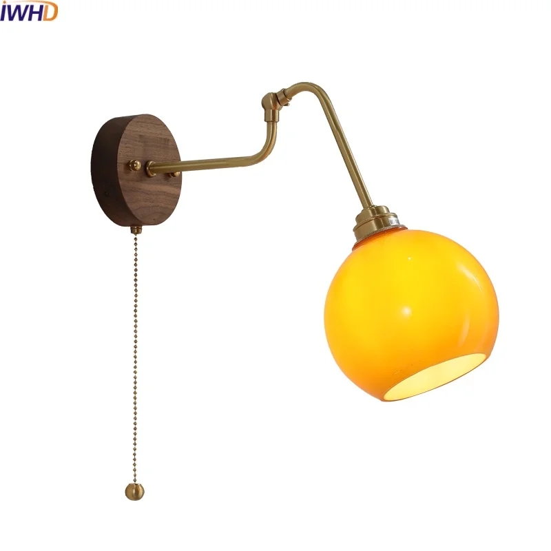 

IWHD Modern Style LED Wall Lights Fixtures Corridor Living Room Bedroom Pull Chain Switch Bedside Lamp Glass Copper Home Decor