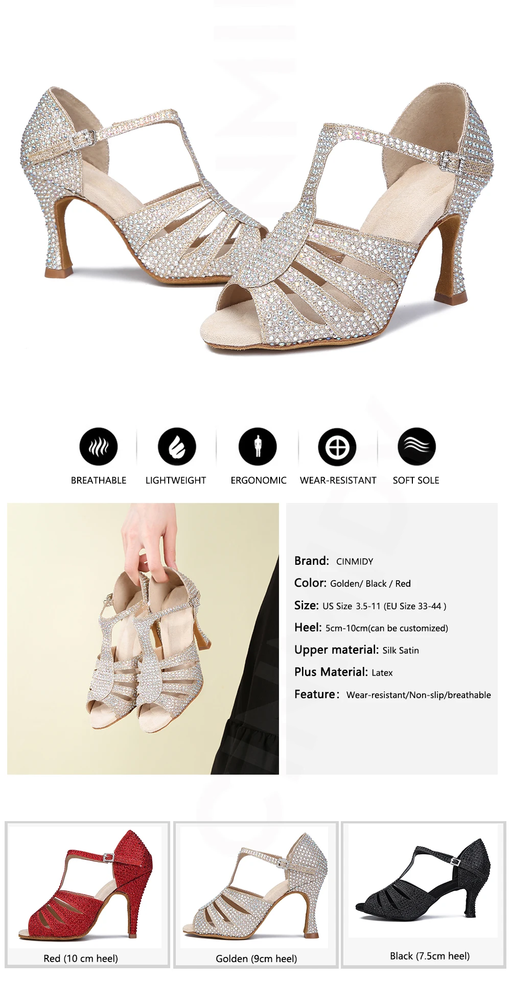 CINMIDY Damen Latein Tanzschuhe Party-Sandalen Ballsaal Tanzschuhe Salsa Tango Auftrittsschuhe Rote Hochzeitsschuhe – Detail 3