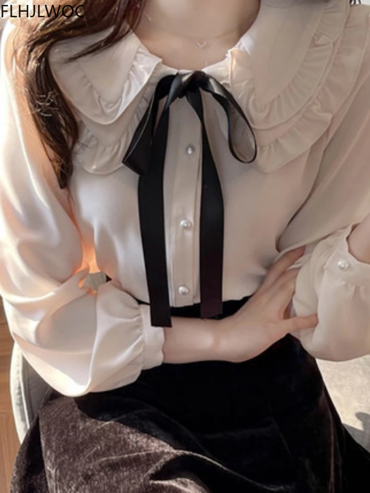 Cute Pink Retro Vintage Ruffles Bow Tie Ribbon Tops Flhjlwoc Basic Elegant Work Formal Single Breasted Button Sweet Shirts