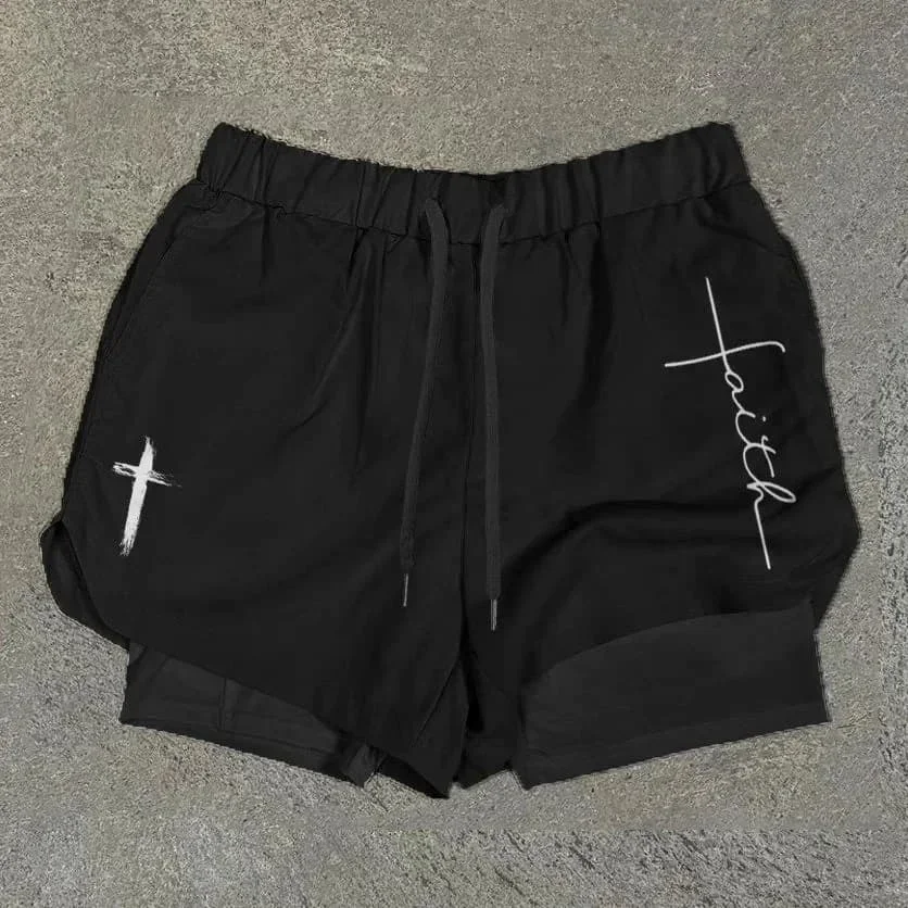 

Summer Men's Quick Dry Vacation Two-piece Short Funbibi Faith Cross Print Double Layer Quick Dry Shorts Men's Gym Shorts Moto