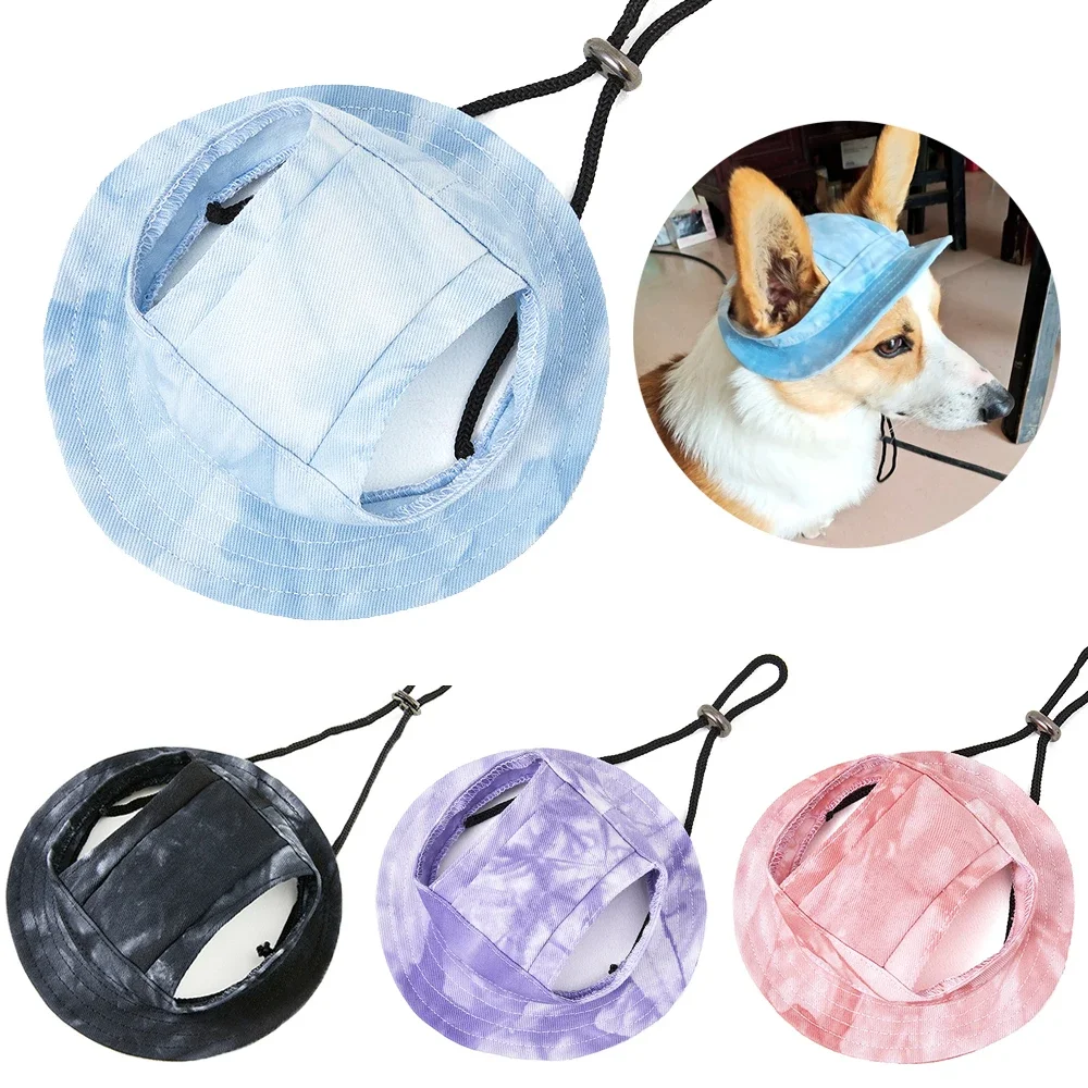 Summer Dog Hats With Ear Holes For Small Medium Dogs Cats Tie Dye Sunscreen Baseball Cap Outdoor Adjustable Chihuahua Grooming