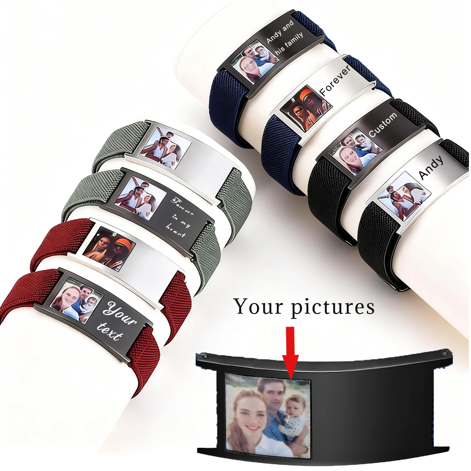 

Free Custom Photo Bracelet Stainless Steel Jewelry Elastic Nylon Engrave Name Date Men Women Bracelet Gift Daddy Mothers Day