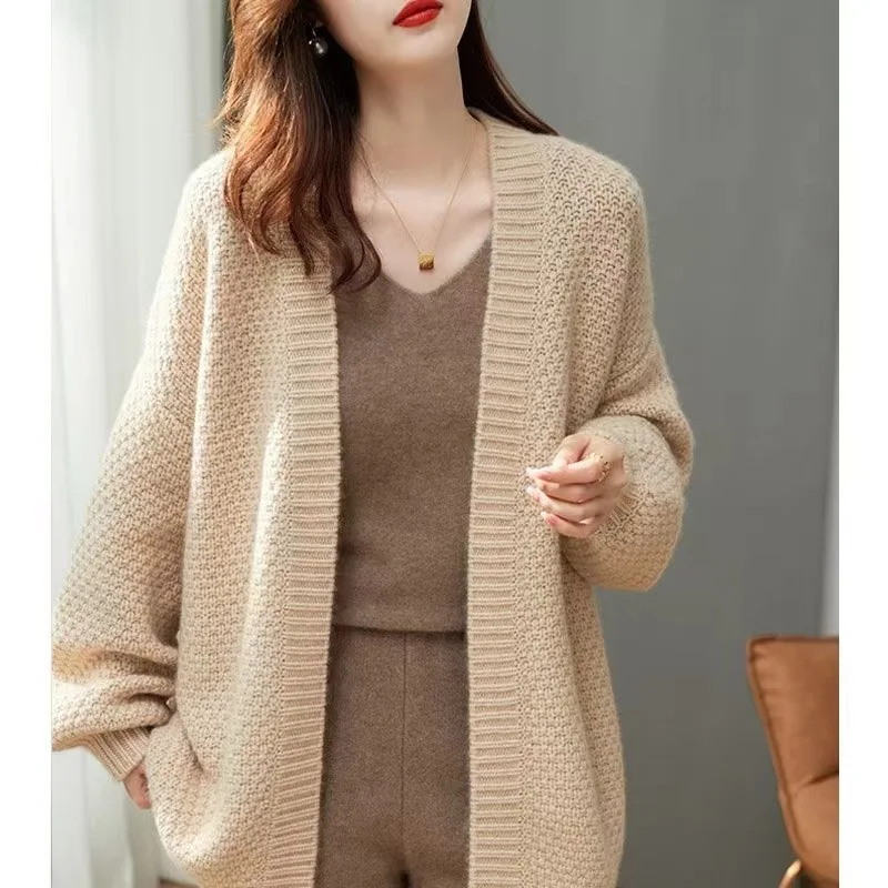 Women Autumn Winter Cardigans Sweater Casual Loose V-neck Long Sleeve Knitted Open Stitch Sweater Sweater Coat Solid Jacket