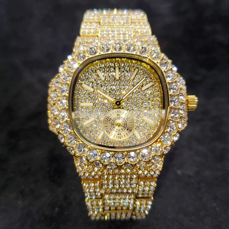 18K Gold Luxury Diamond Watches for Men Bling Shiny Hip Hop Zircon Wristwatch Fashion Iced Out Quartz Date Clock Dropshipping