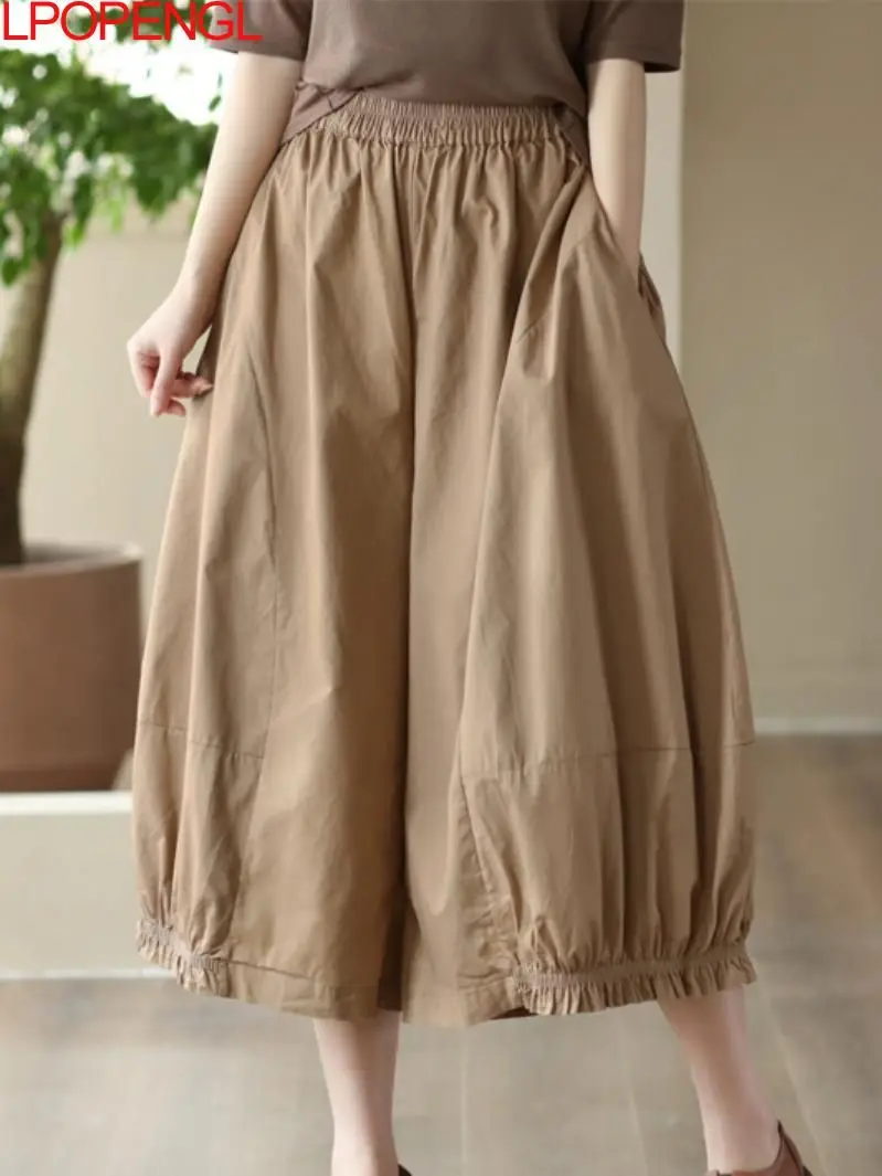 

New Solid Color Bloomers Women's Fashion Summer Cotton Linen Solid Color Vintage Art Loose Elastic Waist Cropped Wide-leg Pants