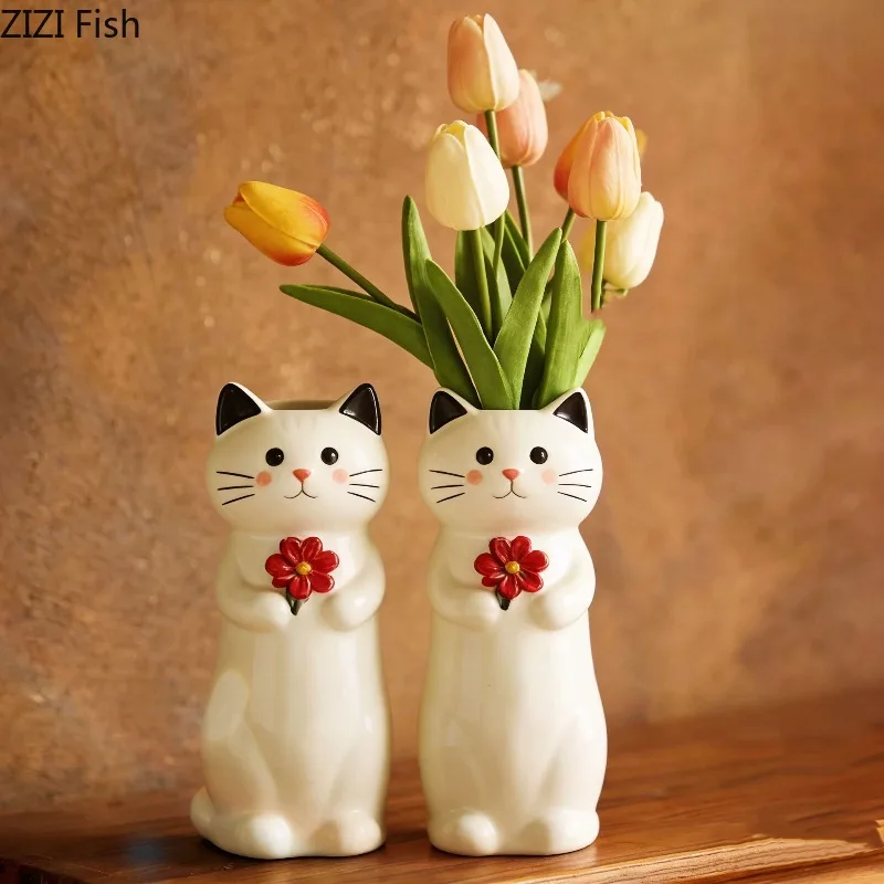 Cute Cat Resin Vase Ornament Dried Flower Vases Flower Arrangement Floral Vase Decorative Vases Room Aesthetic Decor Crafts