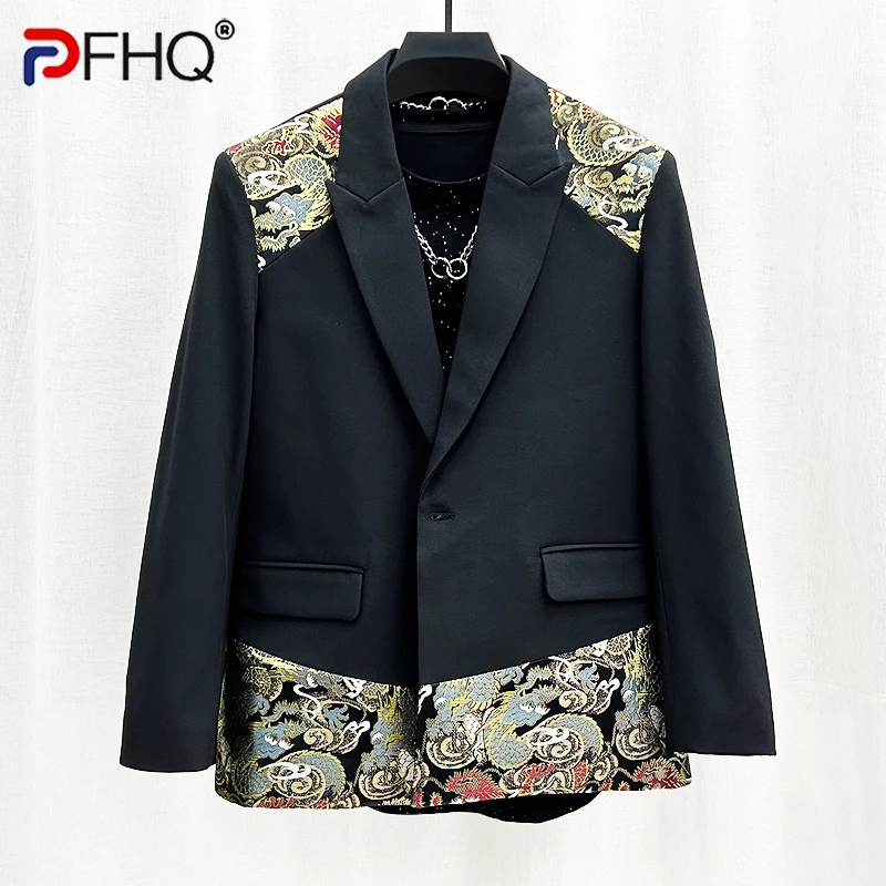 

PFHQ Spring New Chinese Style Pattern Embroidered Suit Coat For Men's Personalized Design Splicing Trendy Loose Blazers 21Z4036