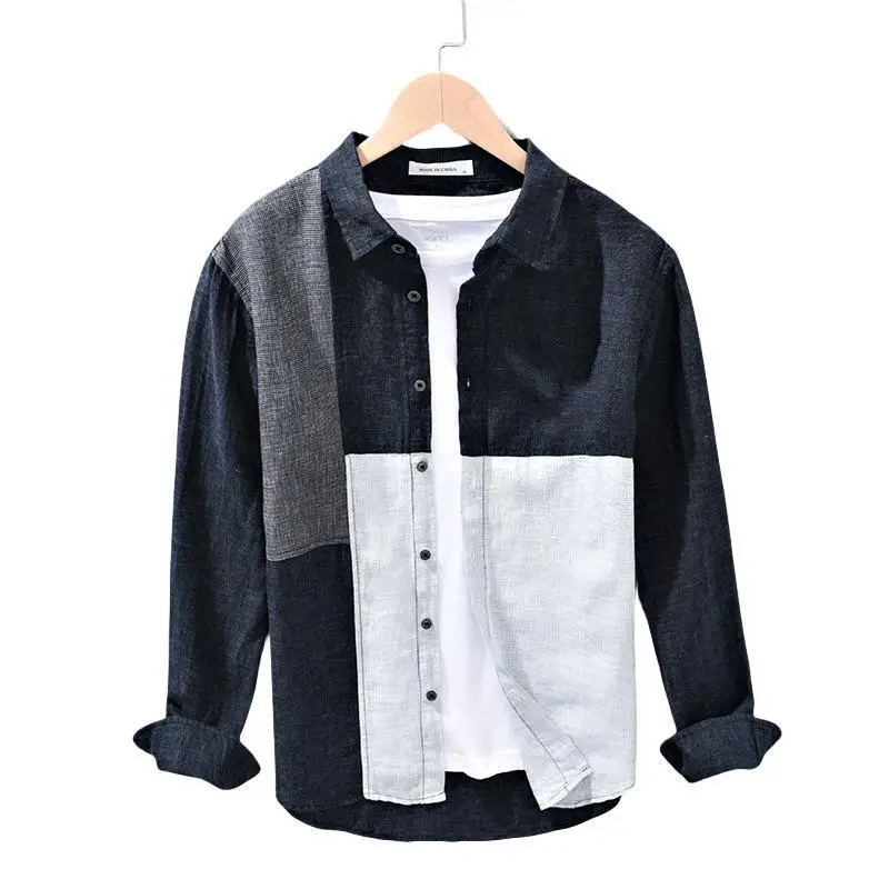 2023 Korean Style New Men's Pocket Patchwork Linen100% Shirts Long Sleeve Loose Casual Men High Street Breathable Thin Clothes