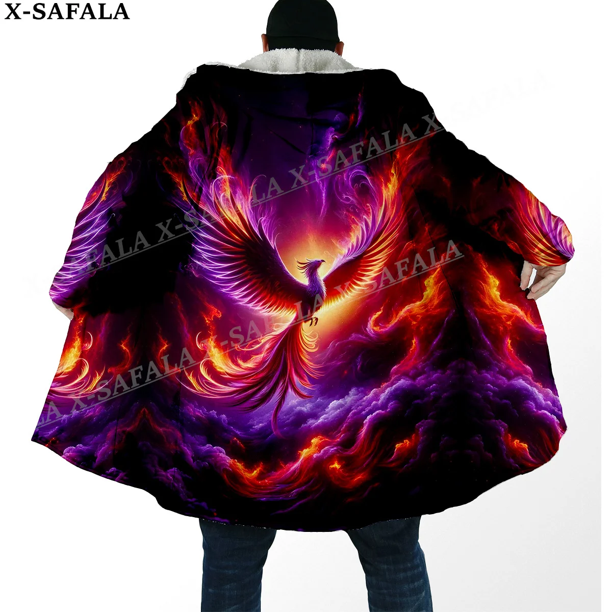 Mythology Phoenix Spirit Totems Art Thick Warm Hooded Cloak Men Overcoat Coat Windproof Fleece Cape Robe Hooded Blanket-6