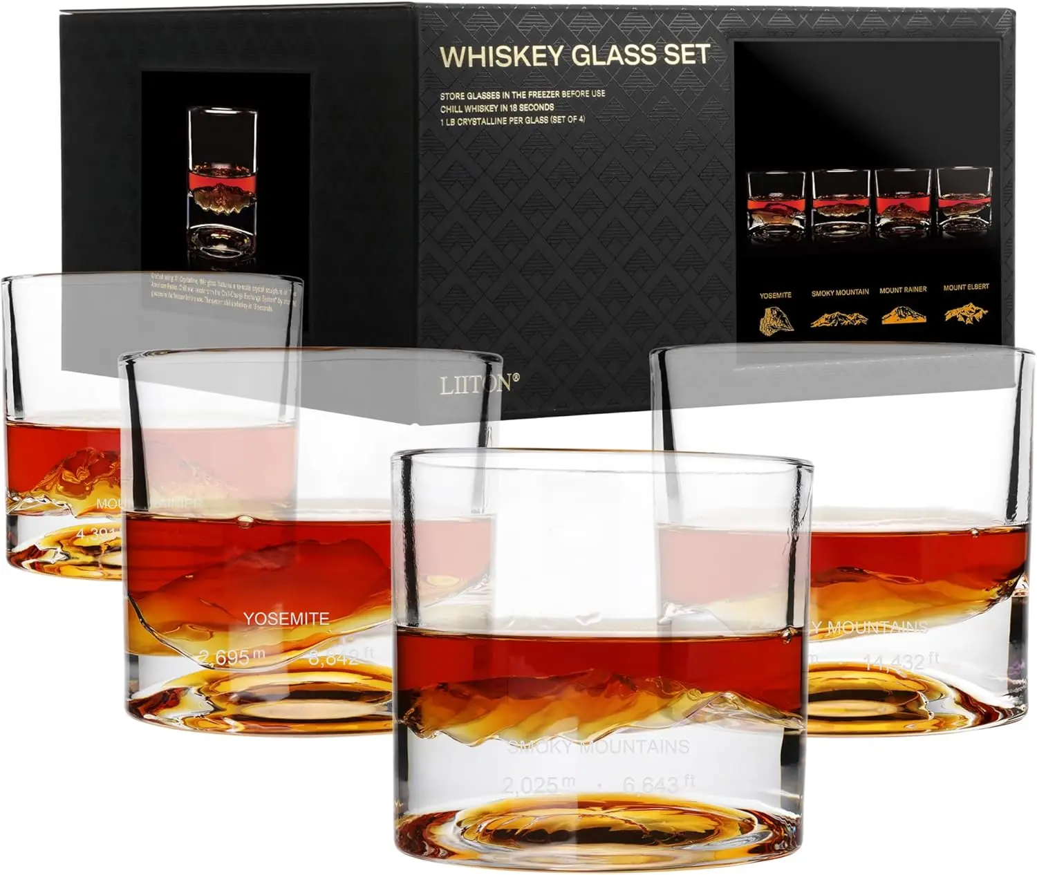 

Heavy Crystal Whiskey Glasses Set of 4, Freezable Bourbon Glass with Mountain Designs, Premium Gift for Men