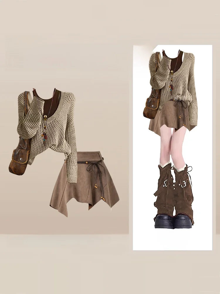 Spicy Girl Post-Aalilometro Sle Dr Set Inizio autunno Faion Abito a due pezzi Gonna superiore lavorata a maglia Combo per donna