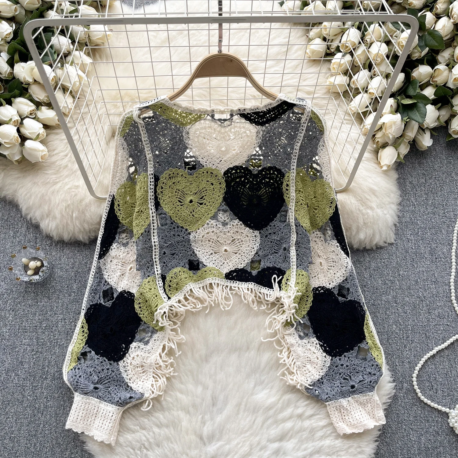 Elegant Long Sleeve Vintage Hook Flower Hollow Tassels Knit Pullover Korean Fashion Casual Sweater Autumn  Women Knitwear Tops