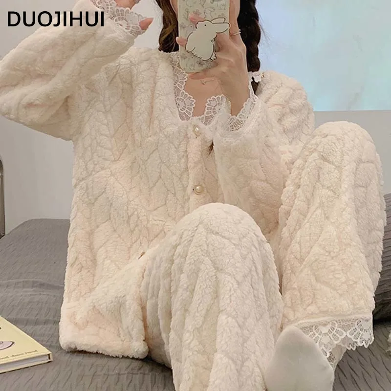 DUOJIHUI Winter Flannel Single Breasted Fashion Top Female Sleepwear Set Simple Loose Casual Pants Chic Lace Pajamas for Women