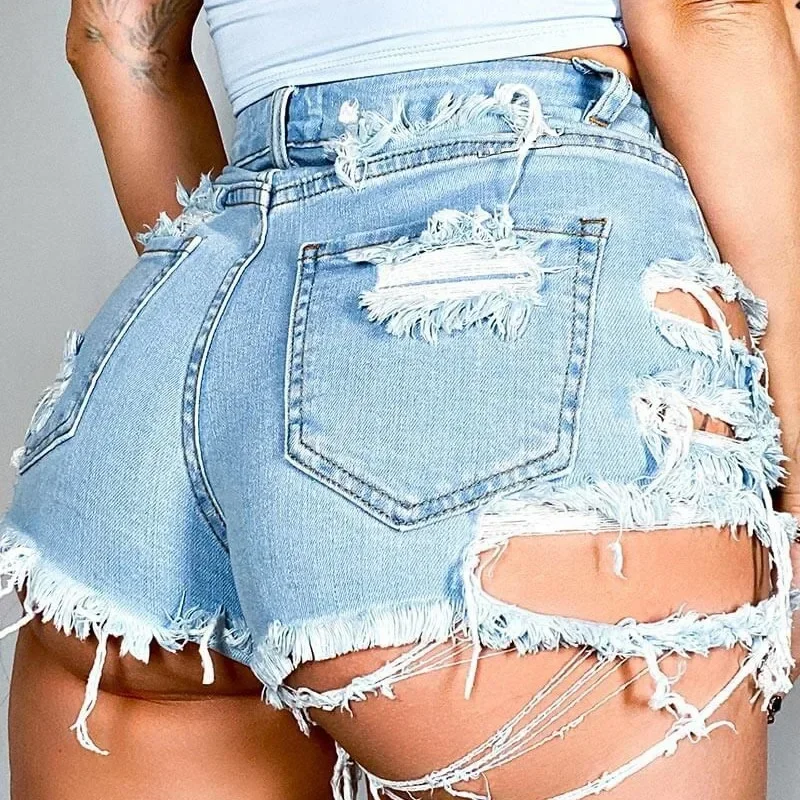 Jeans jeans sexy para mulheres, jeans rasgado, cintura alta, com buracos, bolsos de botão, cor sólida, com borla, verão 2024