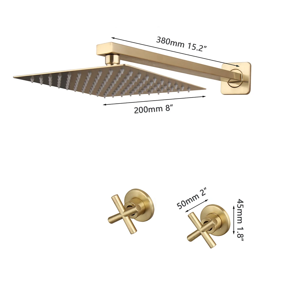 

Wall Mounted Bathroom Round & Square Head 2 Handles Control Mixer Shower 8 Inch Brushed Gold Rainfall Shower Faucet Sets