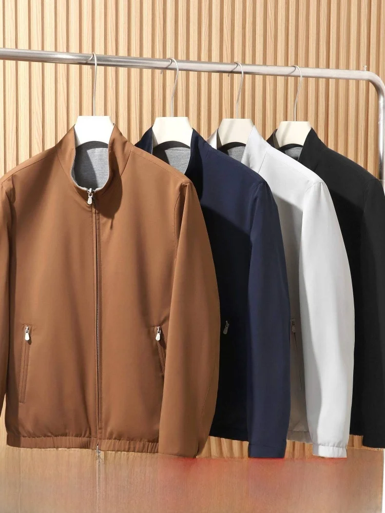 

Elegant Anti-Aging Double-Sided Wear Design Wool Lyocell Blend Spring Men's Simple Stand Collar Jacket Outerwear