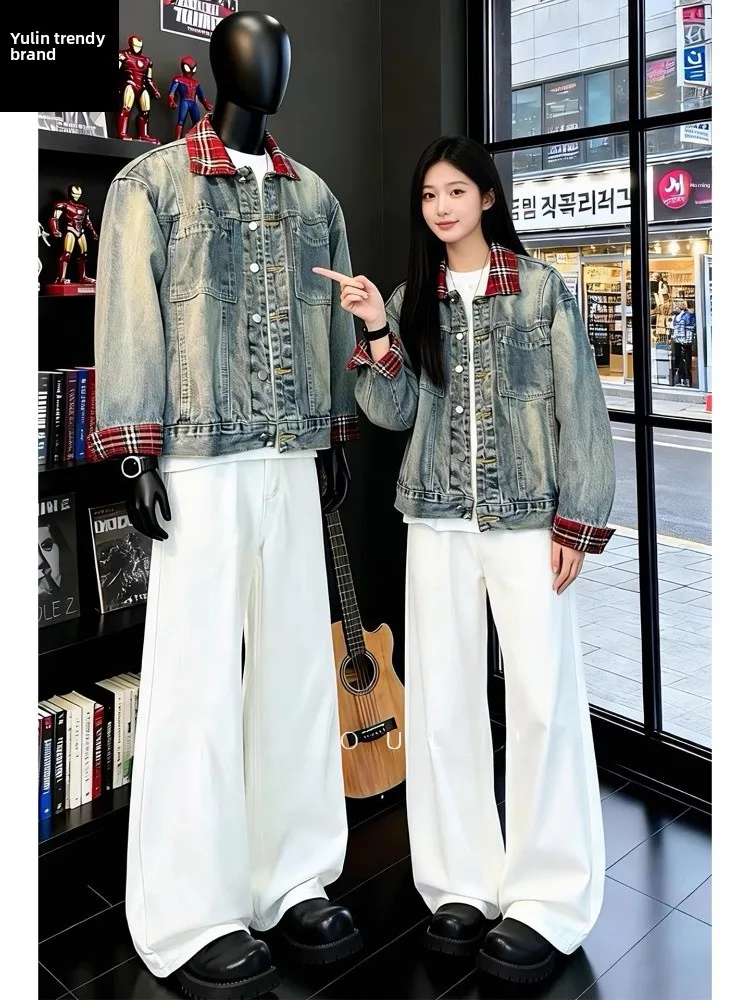 

American Retro Plaid Splicing ort Jeans Jaet Men's Workwear Jaet Loose Fit Cotton Polyester Blend Long Sve Coat