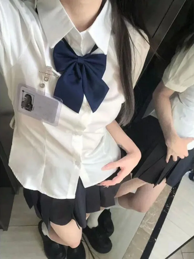 

Japanese Sweet Lapel Neck White Shirts Women Summer Grunge Slim Fit Jk Blouses Y2k E-girl Short Sleeve Lace Up Blusas Mujer