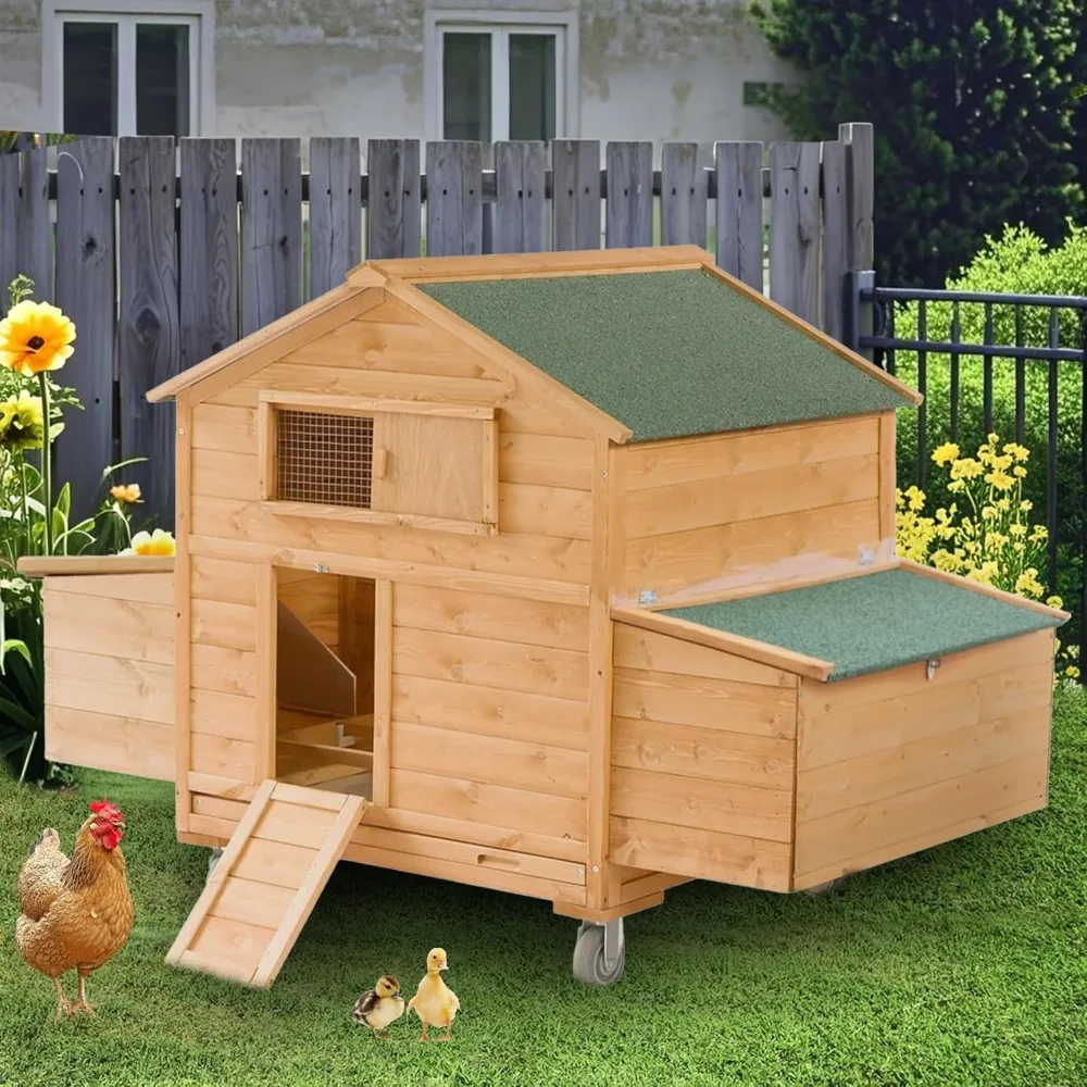 

Mobile Chicken Coop with Wheels, Large Hen House with Nesting Boxes, Portable Chicken House for 4-6 Chicken, Wooden Poultry