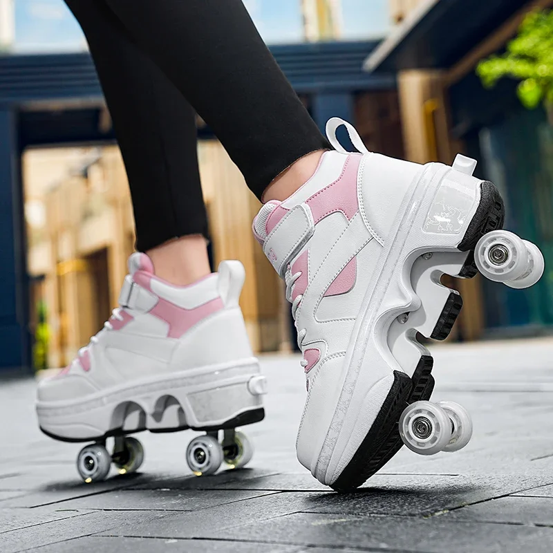 Women\'s High Top 4 Wheel Roller Shoes Fashionable Unisex Automatic Pop-up Sneakers With Wheels Dual-purpose Skating Casual Shoes