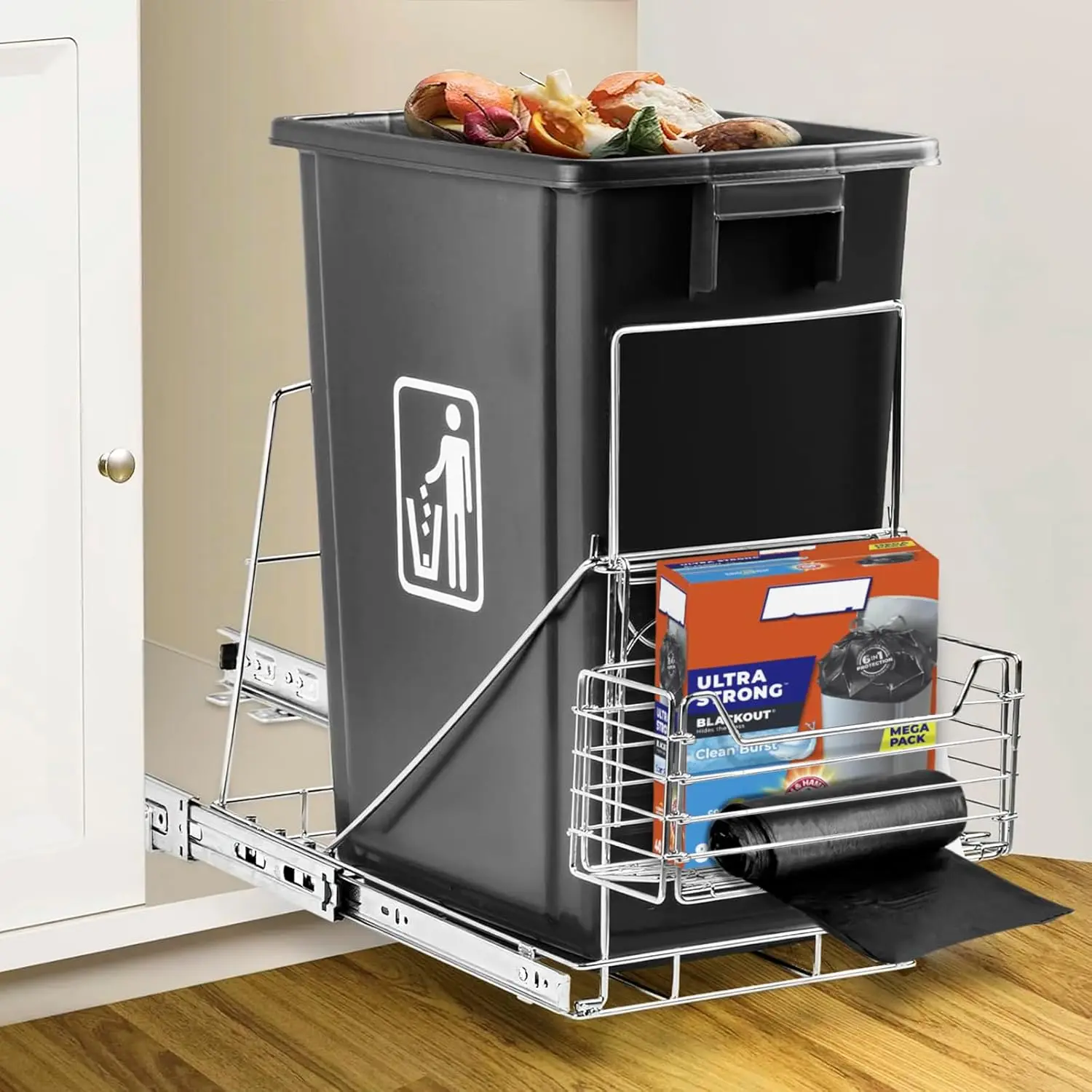 Cabinet Trash Can Pull Out Kit with Removable Front Basket for Garbage Bag , Under Sink Trash Can Slide for 7-11 Gallon/28-44 Qt