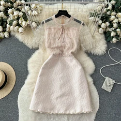 High Quality Summer Ruffles Sleeve Party Dress Luxury Women Lapel Beaded Sequined Mesh Patchwork Jacquard Embroidery Vestidos