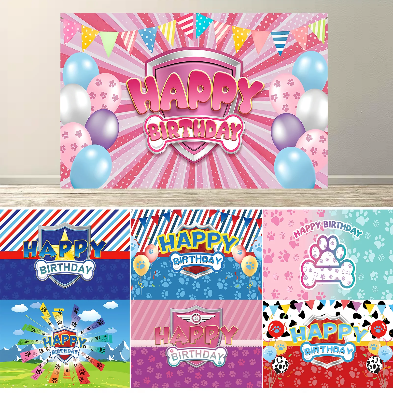 

Pink Dog Paw Logo Birthday Backdrop for Boy Girls Cartoon Party Decorations Photography Background Photo Banner Booth Props