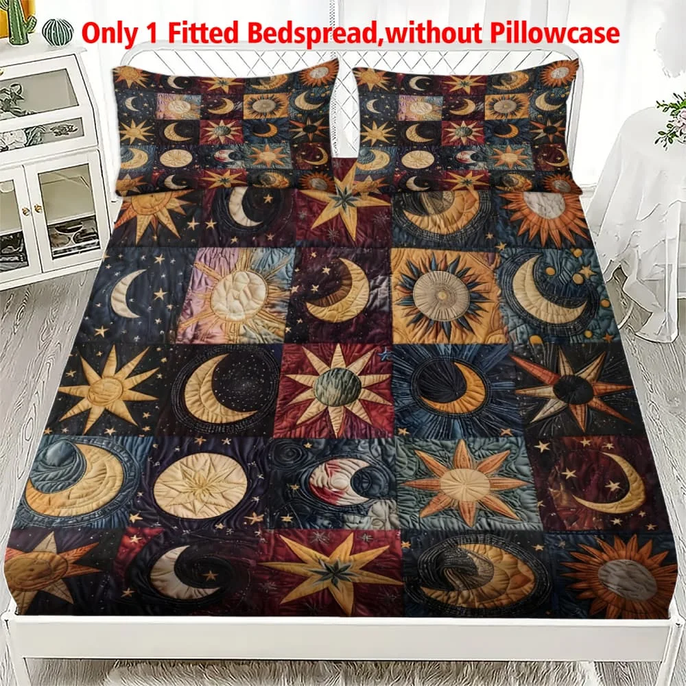 1pc Bohemian Patchwork Sun & Moon Print Fitted Sheet Deep Pocket Elastic Mattress Cover Single Double Queen King Bedroom Decor